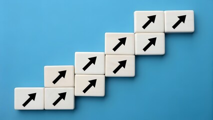 Obraz premium Diagonal Staircase of White Tiles with Upward-Right Arrows – Progress and Growth Concept on Blue Background, Strategic Advancement Illustration