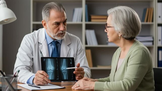 Doctor showing an xray of a knee joint to an elderly female patient during a medical consultation in a clinic