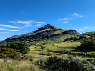 Fototapeta premium Discover Edinburgh's natural beauty hiking up Arthur's Seat under sunny skies, a vibrant Scottish landscape
