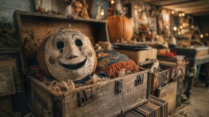 A haunting antique shop filled with curiosities, showcasing a smiling face mask in an open chest
