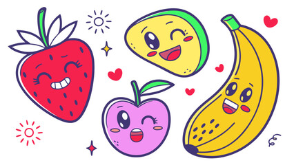 Vector Illustration of Colorful Fruit Icons for Fresh, Healthy, and Playful Designs Featuring Apples, Bananas, Oranges, Grapes, and More – Perfect for Food, Health, and Organic Themes