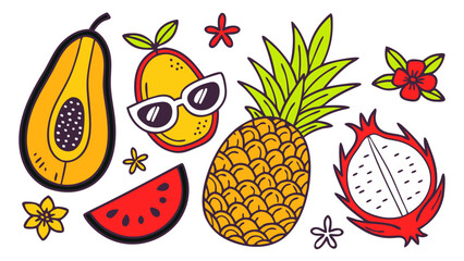Vector Illustration of Colorful Fruit Icons for Fresh, Healthy, and Playful Designs Featuring Apples, Bananas, Oranges, Grapes, and More – Perfect for Food, Health, and Organic Themes