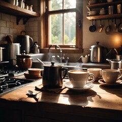 Obraz premium a hand that makes coffee in a sunny kitchen in the morning