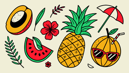 Vector Illustration of Colorful Fruit Icons for Fresh, Healthy, and Playful Designs Featuring Apples, Bananas, Oranges, Grapes, and More – Perfect for Food, Health, and Organic Themes