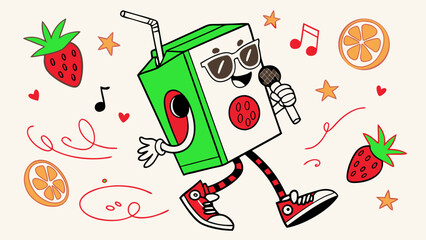 Fun and Playful Juice Box Character with Sunglasses, Microphone, Music Notes, and Fruit Illustrations Representing a Joyful, Lively Vibe