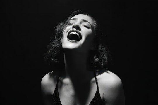Woman frowning and singing against a dark backdrop
