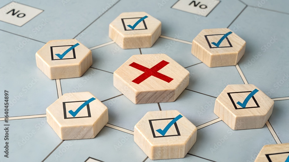 Poster network of hexagonal blocks with checkmarks and central red x – decision system concept on blue back