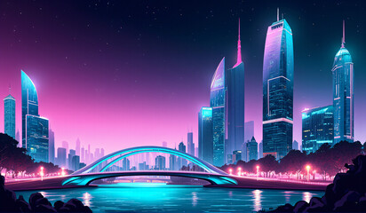 A futuristic city at night with a bridge over a river.