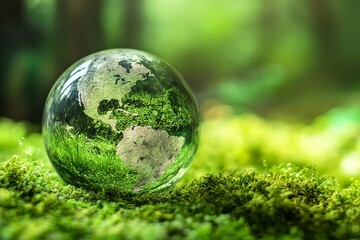 Glass globe of Earth resting on moss, forest background