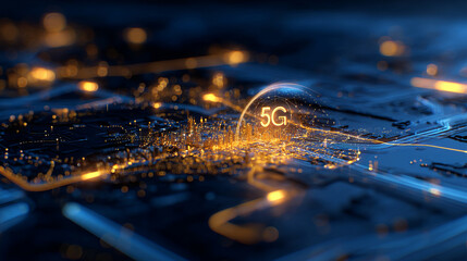 Futuristic cityscape with glowing circuits and prominent 5G symbol, representing advanced