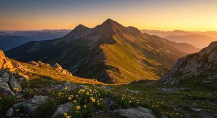Majestic Mountain Range During Sunset with Green Slopes and Wildflowers in Natural Landscape