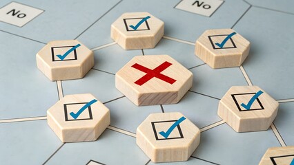 Network of Hexagonal Blocks with Checkmarks and Central Red X – Decision System Concept on Blue Background, Approval and Rejection in Connected Structure