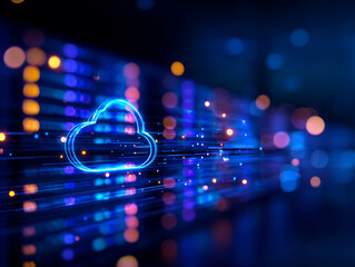Cloud migration concept showing data being transferred through digital network with vibrant