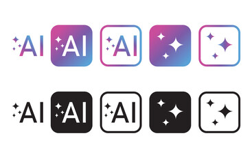 Artificial intelligence application logo AI generate icon set, sparkle ai star with colorful and black square button, artificial intelligence star logo