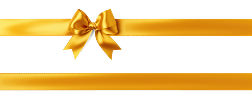 Two golden ribbons with a gold bow on a transparent background