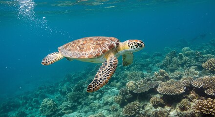 Fototapeta premium Sea Turtle Swimming Over Coral Reef in Clear Ocean Water