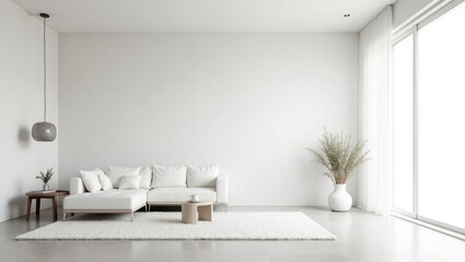 White living room interior design featuring a sectional sofa and natural light.
