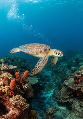 Naklejka premium Sea Turtle Swimming Over Vibrant Coral Reef Under Clear Blue Water