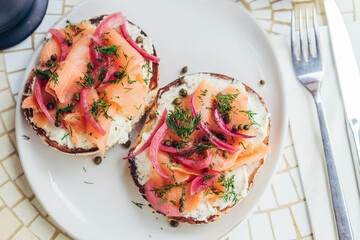 Smoked Salmon Bagel with Pickled Onion, Capers & Dill