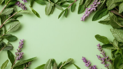 Fresh mint and lavender leaves frame light green background, creating natural and calming composition. vibrant green and purple hues evoke sense of tranquility and freshness