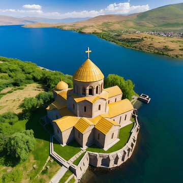 Aerial view cross and cupola over Sevanavank monastic complex. Peninsula at the northwestern shore of Lake Sevan in the Gegharkunik Province of Armenia. Popular travel sightseeing attraction