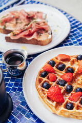 Berry Waffle with Maple Syrup and Prosciutto Toast