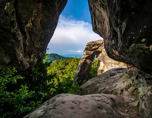 Rock formation archway revealing a distant landscape with lush forest view