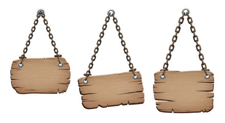 Rustic wooden signs hang by chains creating a charming, vintage announcement or directional display perfect for rustic themes and vintage design projects.