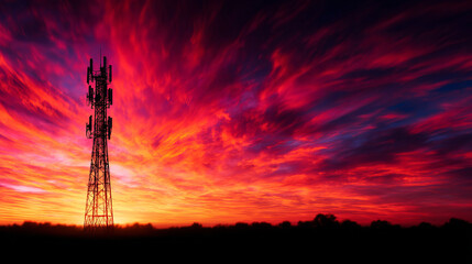 Tower silhouetted against vibrant sunset with dramatic clouds creating stunning backdrop