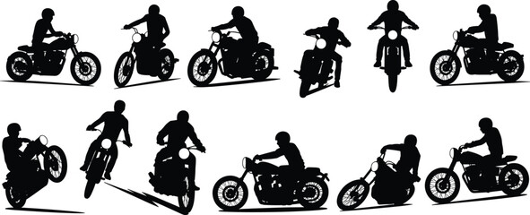 Motorcycle rider silhouette collection, various poses, bikers on vintage motorbikes, stunt, ride, front view, side view, vector art