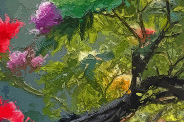 Various oil paintings, flowers, chrysanthemums, landscapes, lakes, leaves, roses, peonies, forests