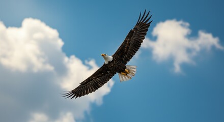 Bald Eagle Flying in Bright Blue Sky with White Clouds