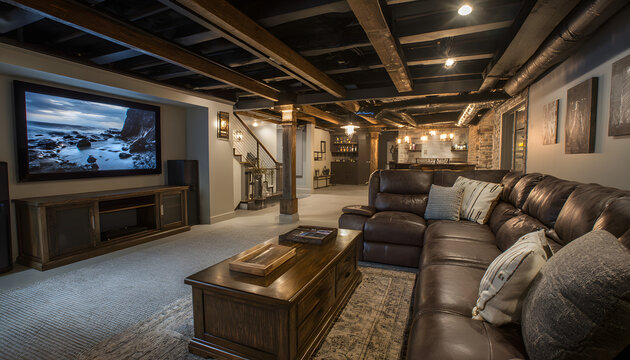 Beautifully renovated basement man cave with a dark wood large screen TV plush furniture
