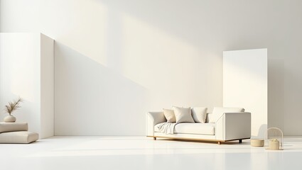 Minimalist living room interior with beige sofa.
