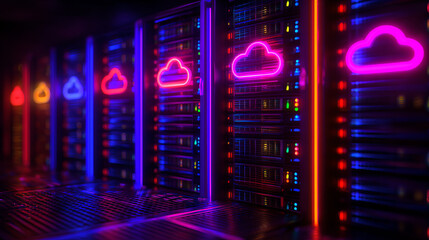 Fototapeta premium Cloud computing concept with vibrant neon lights and server racks creating futuristic atmosphere