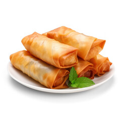 A plate of crispy spring rolls with a garnish of fresh mint on a white plate.