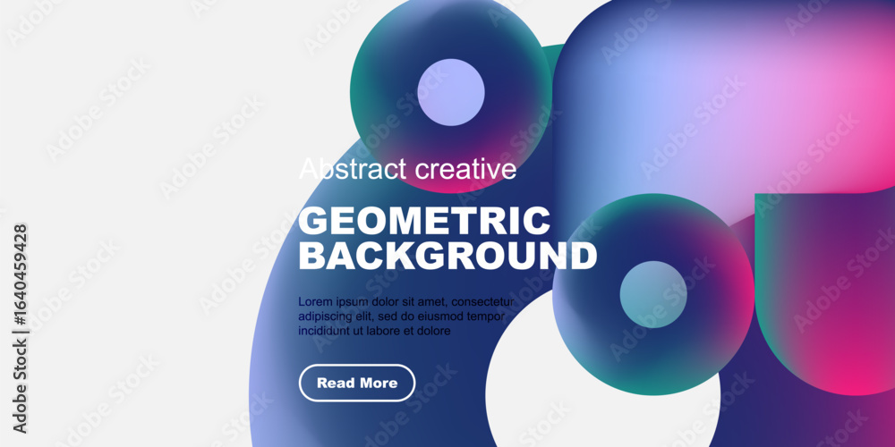 Poster vibrant abstract shapes overlap dark background. text promotes geometric design, includes call to ac