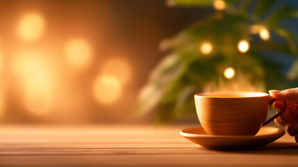 Warm cup of tea held gently, surrounded by soft lights, creating cozy atmosphere