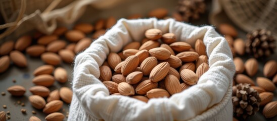 A bag filled with almonds surrounded by scattered nuts and pinecones.