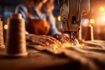 Skilled artisan sewing fabric with sewing machine, surrounded by spools of thread, creating