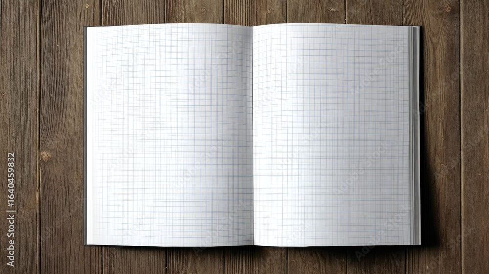 Poster open notebook with simple grid pattern on wooden background