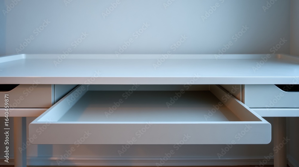 Poster minimalist desk design with open drawer in bright environment