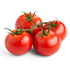 Four ripe red tomatoes on a vine against a transparent background