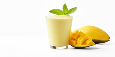 A glass of mango smoothie with a mint leaf on top, next to a mango fruit and a mango slice.
