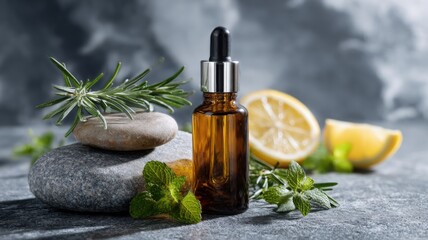 Small amber essential oil bottle with herbs and citrus on a textured stone slab