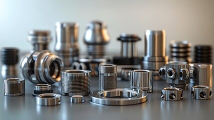 Metal parts collection on a surface. Industrial components. Stock photo