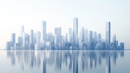 Obraz premium Modern city skyline reflected in water, sunrise, urban view, for architecture or business background