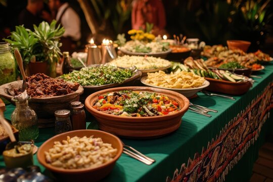 Buffet table with various food dishes for a catered event or party