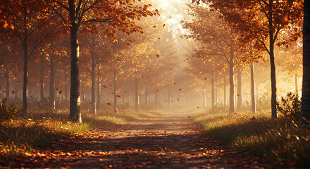 Fototapeta premium Serene autumn scene with golden sunlight filtering through colorful trees