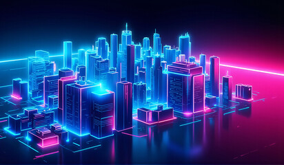 A 3D rendering of a city with neon lights.